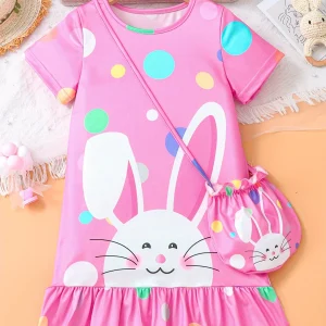 Girls Rabbit Print Short Sleeve Dress & Bag