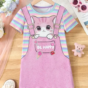 Girls Cat Print Striped T shirt dress